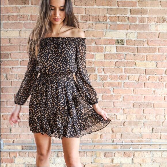 NWT FATE Leopard Off the Shoulder Dress SMALL S Brown Black Animal Print - Picture 2 of 13